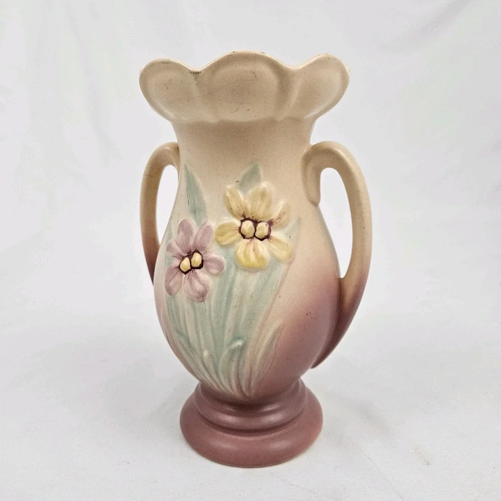 Hull Pottery Vase Iris 407-7 Double Handle Vintage Victorian Art Nouveau 1940's